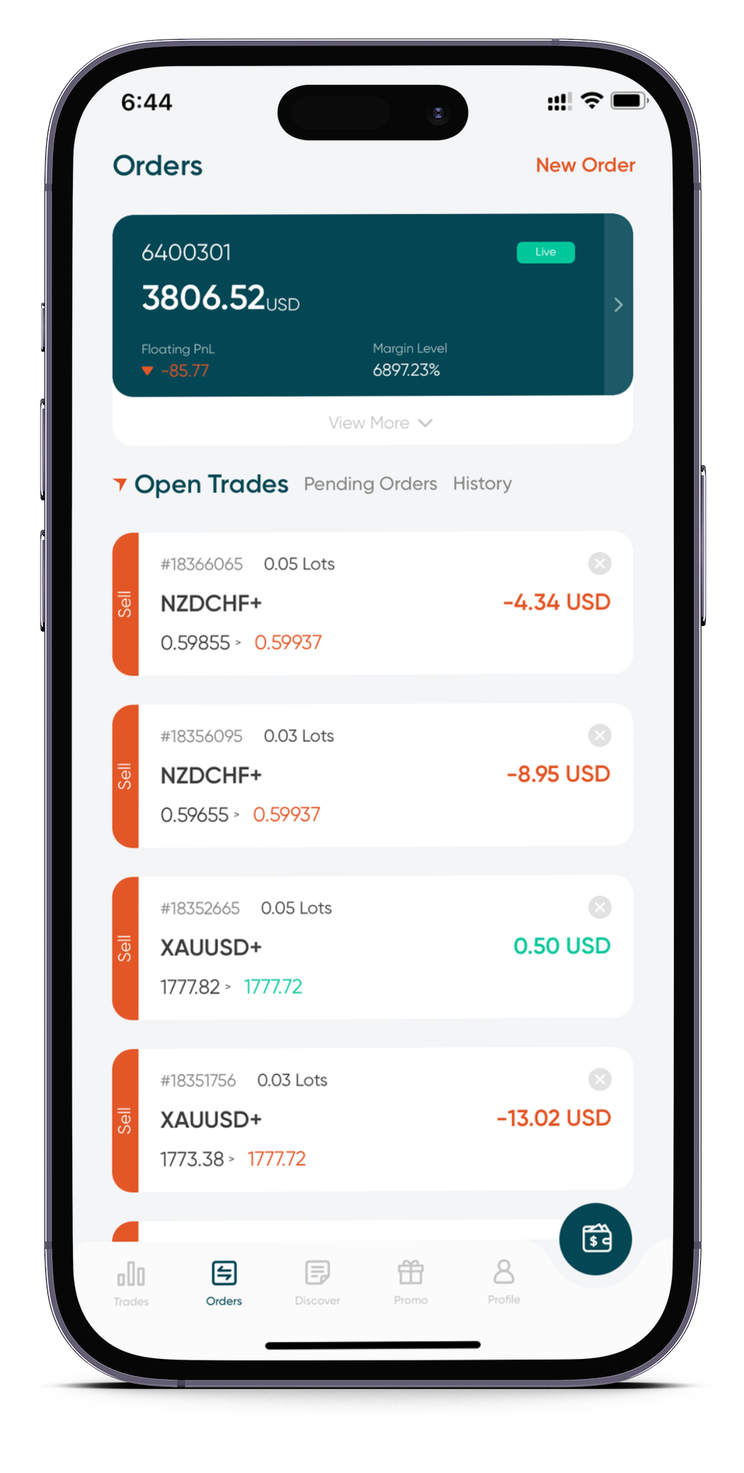 Program trading app showing open trades